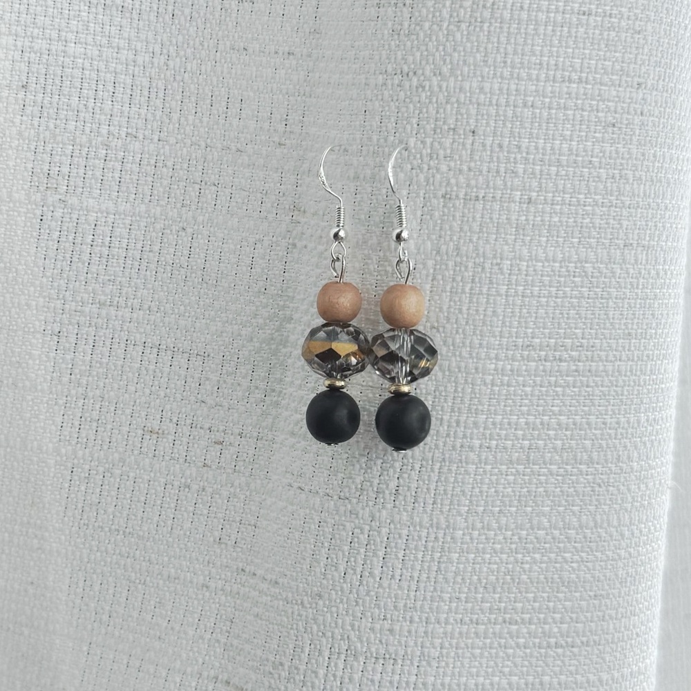 Wood and Crystal silver Earrings
